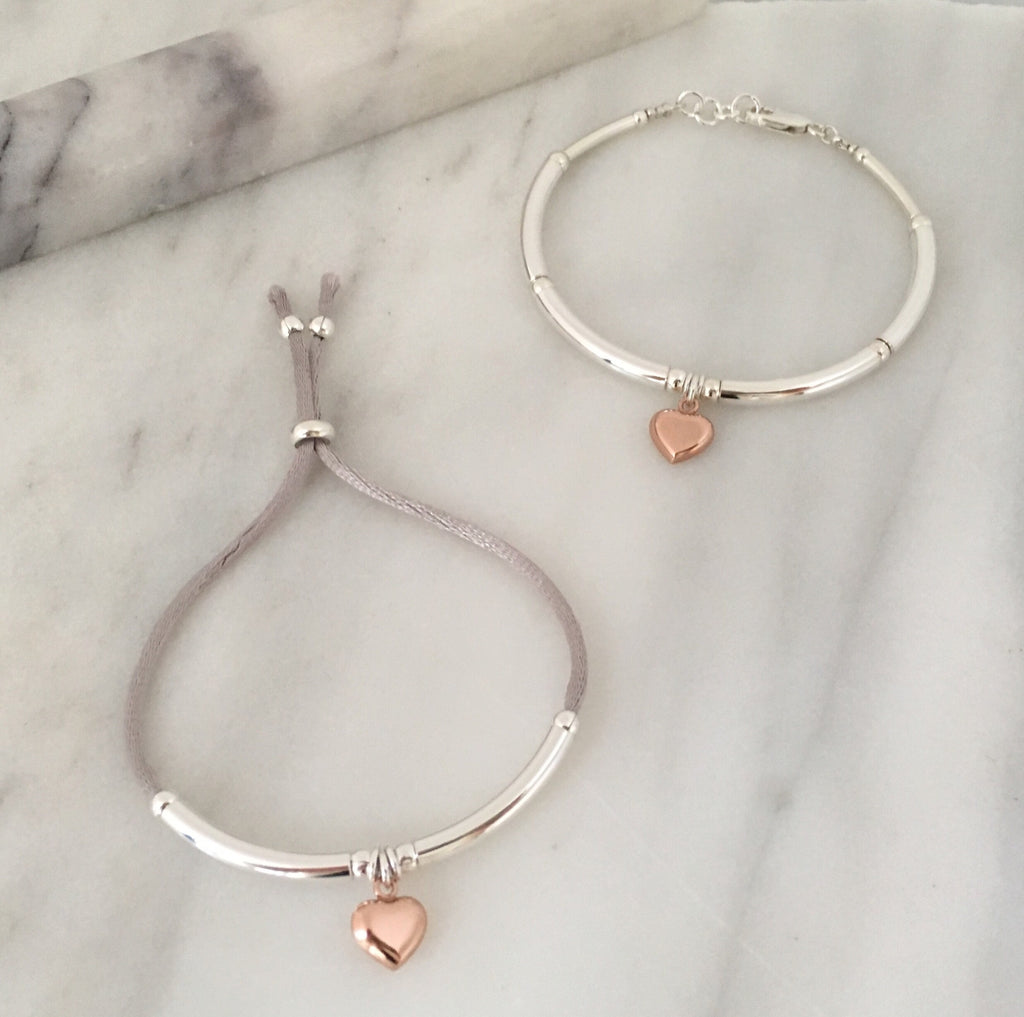 New Unity Friendship Bracelet in Sterling Silver + Rose Gold Plater Heart Charm in Grey
