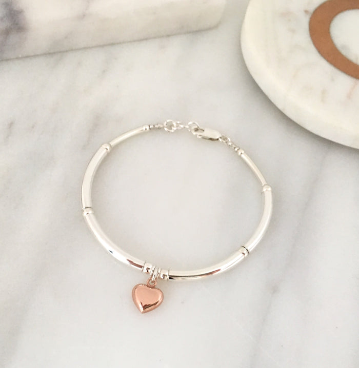 Simplicity Bracelet in Silver + Rose Gold Plated Sterling Silver Heart Charm Simplicity Bracelet