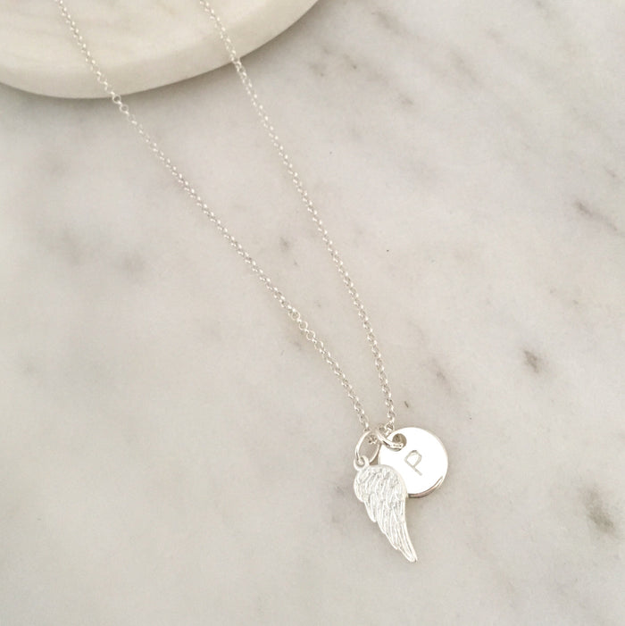 Personalised Angel Wing Initial Necklace in Silver