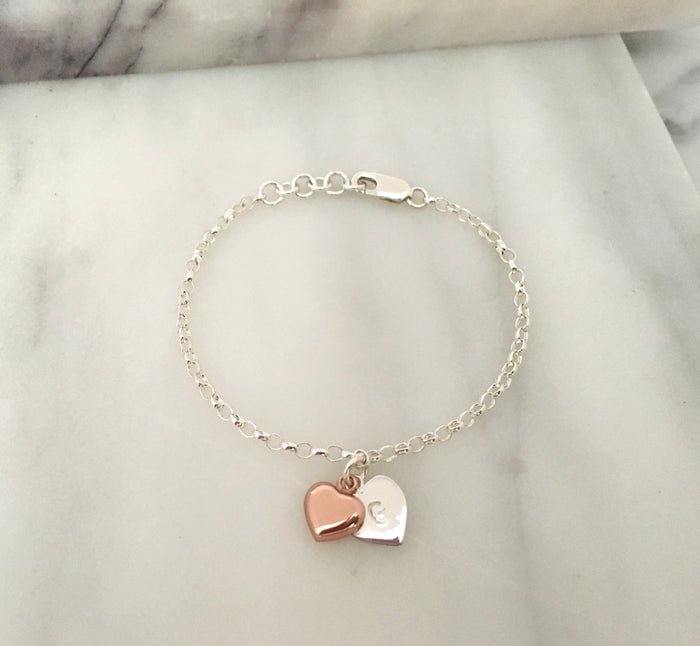 New Rose Gold & Personalised Initial Simplicity Heart Tag Chain Bracelet in Sterling Silver