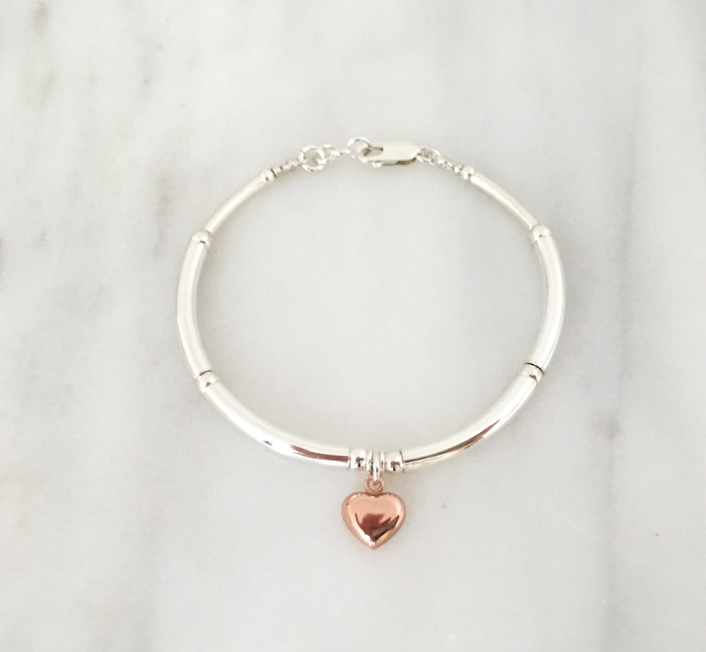Simplicity Bracelet in Silver + Rose Gold Plated Sterling Silver Heart Charm Simplicity Bracelet
